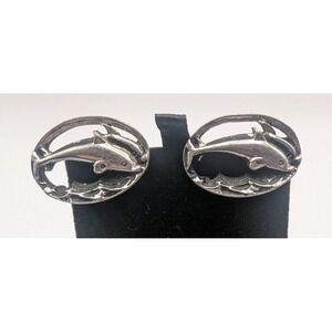 Silver Tone Dolphin Cufflinks Mens Nautical Ocean Theme Vintage Style
